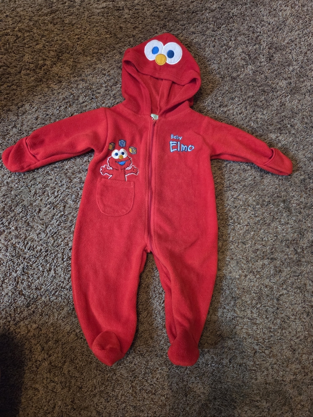 Vintage Elmo Hooded Pajamas Bodysuit 0-3Months Red Fleece Zip Up Sesame Street